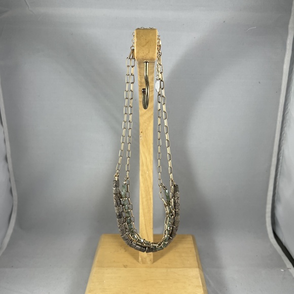 Necklace Gold-Tone Grey-Brown Green Beaded Fashion Multi-Strand Boho Chic - Picture 3 of 3